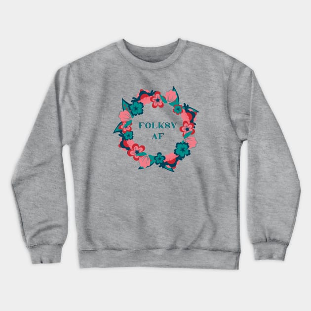 Folksy AF, norwegian folk flowers pink and blue Crewneck Sweatshirt by Anna.Moore.Art